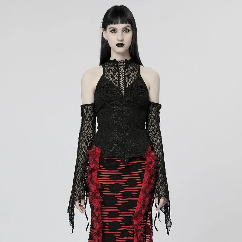 Women's Gothic Off Shoulder Lace Splice Crop Top Notch Collar Peter Pan Collar Cowl Neck