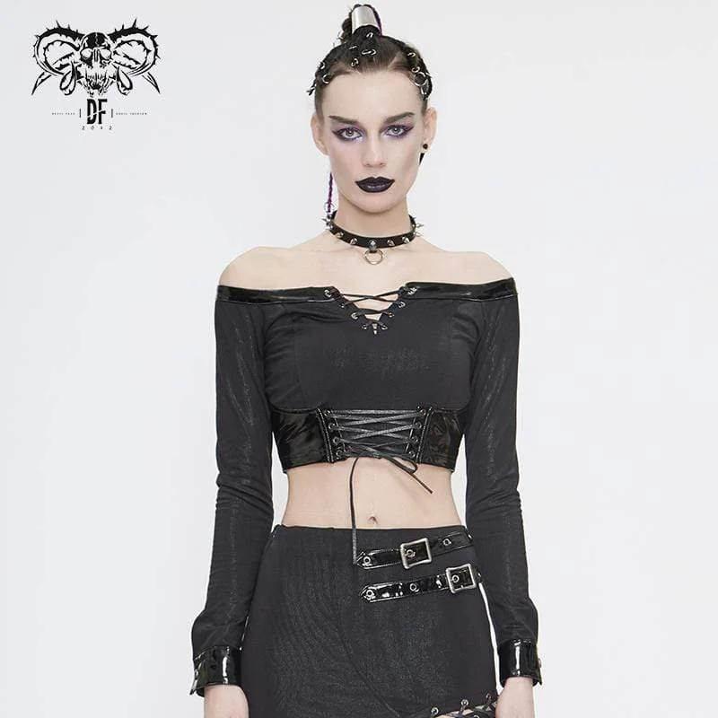 Women's Gothic Off Shoulder Lace-up Faux Leather Detailed Crop Top Modern Contemporary Chic
