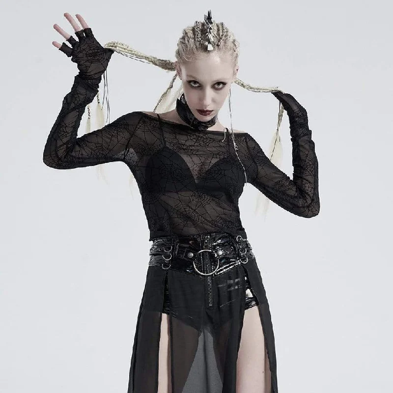 Women's Gothic Off-shoulder Spider Web Crop Tops Zippered Buttoned Snapped