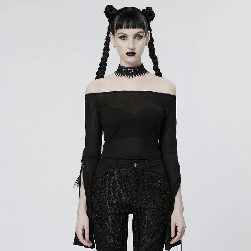 Women's Gothic Off Shoulder Split Sleeved Crop Top Front Pockets Side Pockets Patch Pockets