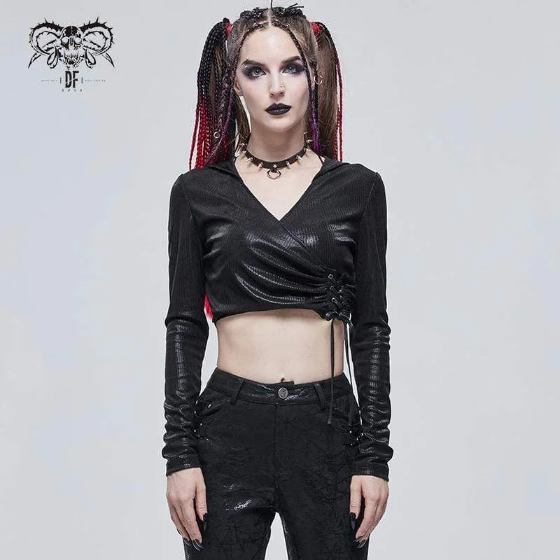 Women's Gothic Plunging Drawstring Crop Top with Hood Collared Crop Top Boat Neck A-Line