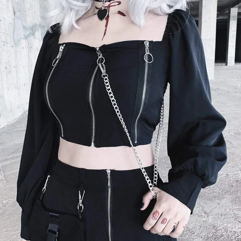 Women's Gothic Round Collar Zippered Crop Tops With Detachable Chain Fleece Nylon Spandex