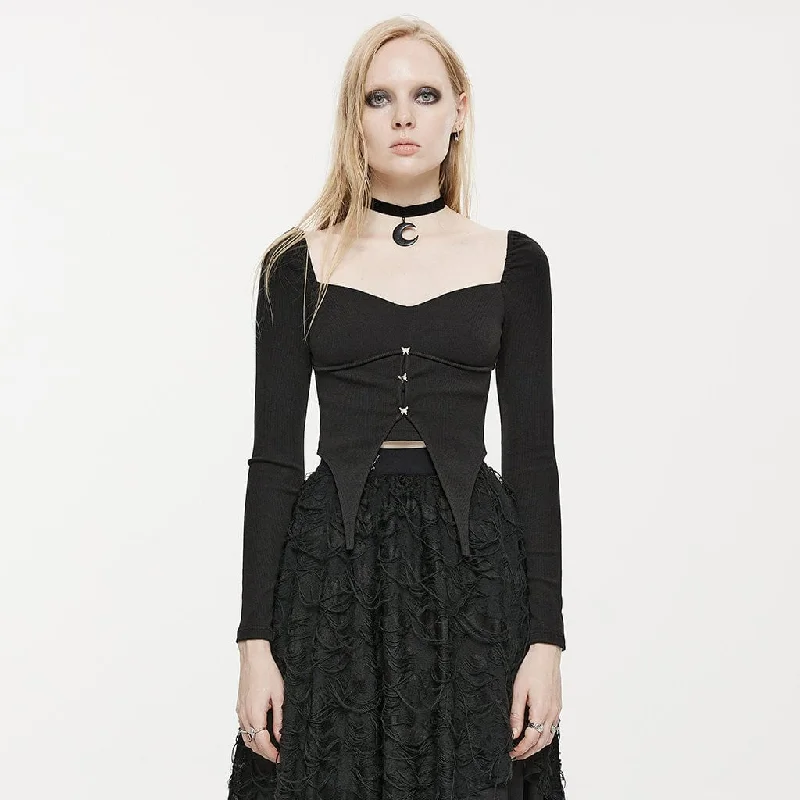 Women's Gothic Square Collar Long-sleeved Crop Top Welt Pockets Slit Pockets Flap Pockets