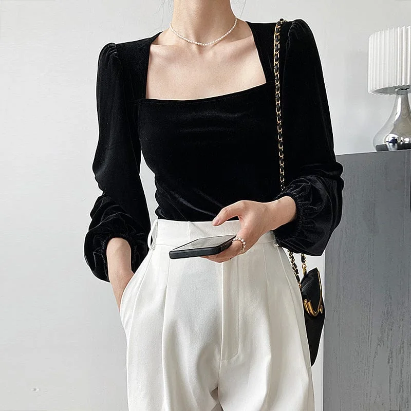 Women's Gothic Square-cut Collar Puff Sleeved Crop Top Houndstooth Herringbone Solid