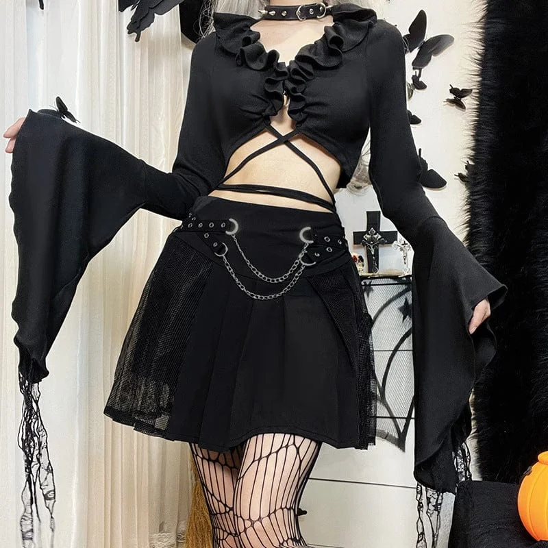 Women's Gothic Strappy Ruffled Crop Top Ribbed Striped Patterned