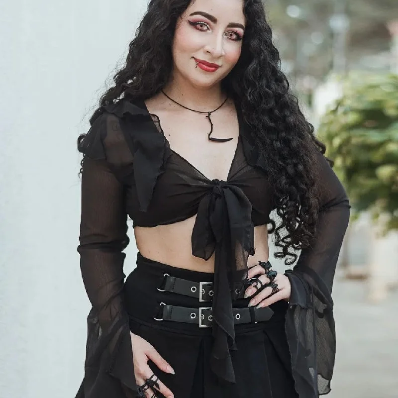 Women's Gothic Strappy Toned Horn Sleeved Mesh Crop Top Solid Print Embellished