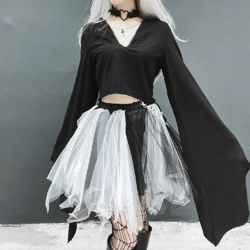 Women's Gothic V-neck Flare Sleeved Crop Top Embroidered Appliqued Beaded