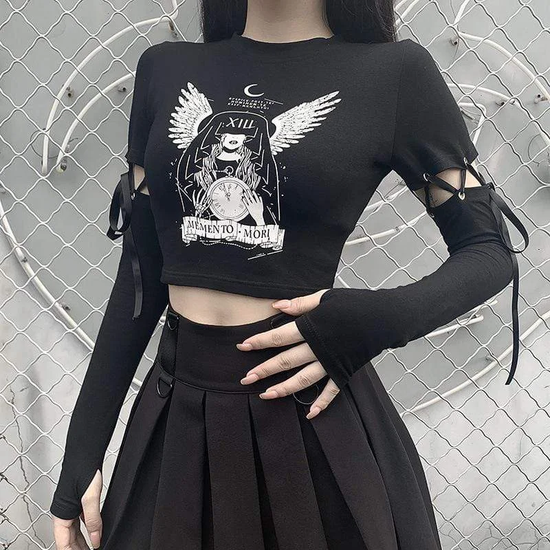 Women's Grunge Cartoon Printed Strappy Black Crop Tops Boxy Fit Fitted Loose