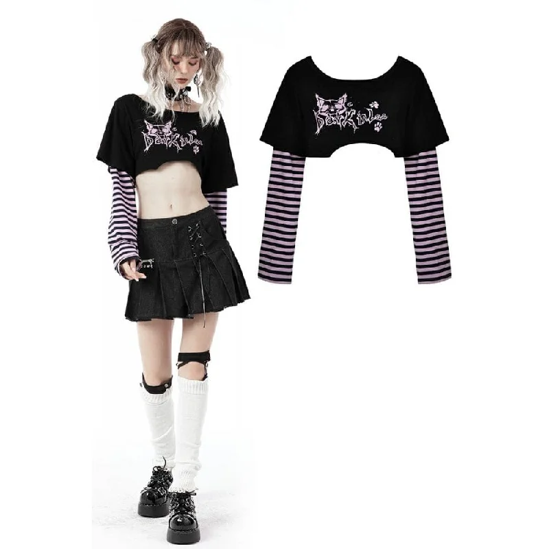 Women's Grunge Cat Printed Striped Sleeve Crop Top Sequined Glittery Shiny