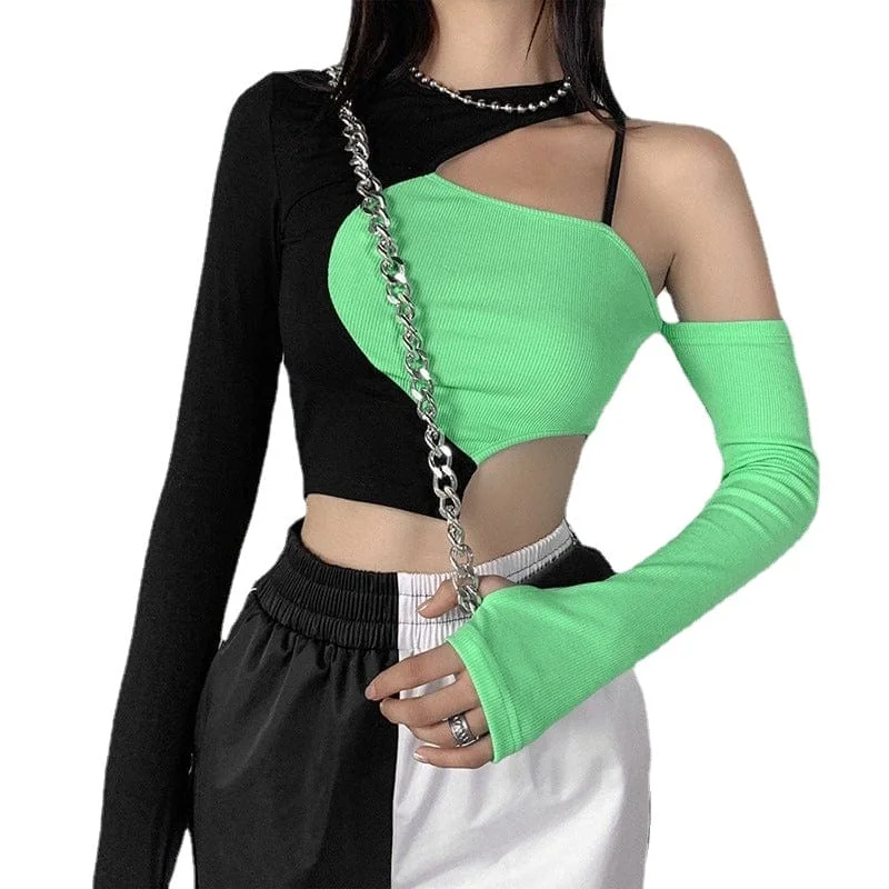 Women's Grunge Double Color Irregular Crop Top Lace Blend Ribbed Blend Corduroy Blend