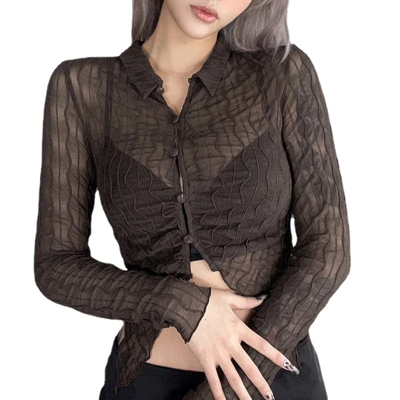 Women's Grunge Turn-down Collar Waved Sheer Crop Top Terry Blend Velvet Blend Canvas Blend