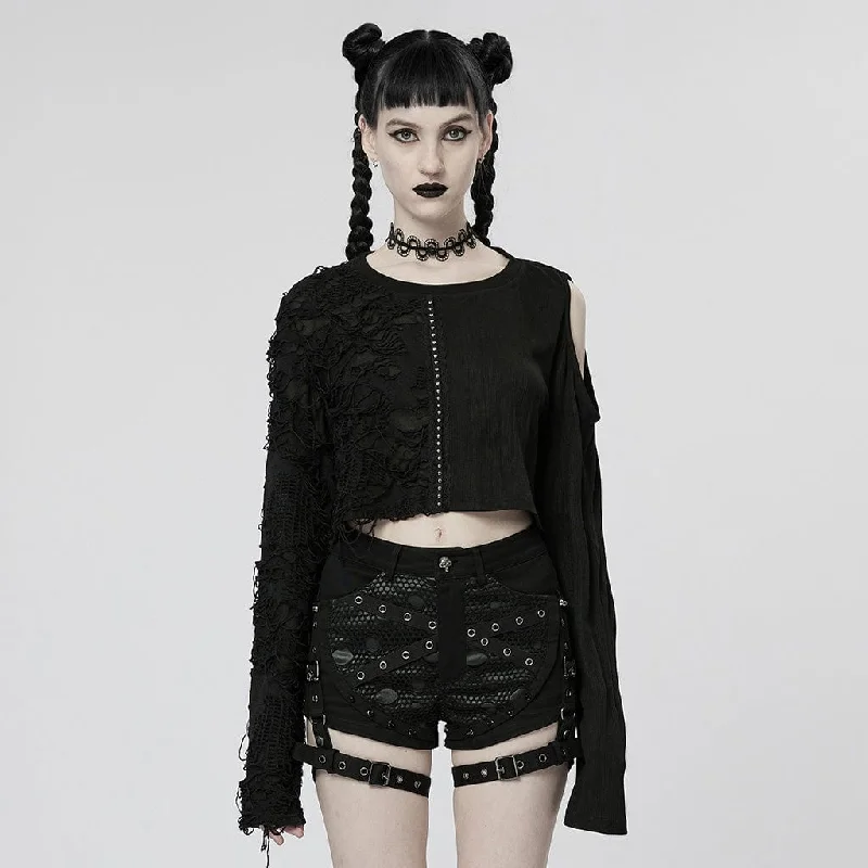 Women's Punk Beaded Ripped Crop Top Satin Fabric Silk Fabric Chiffon Fabric