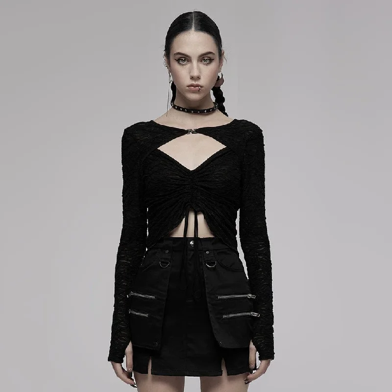 Women's Punk Cutout Drawstring Long Sleeved Crop Top Spandex Blend Rayon Blend Denim Blend