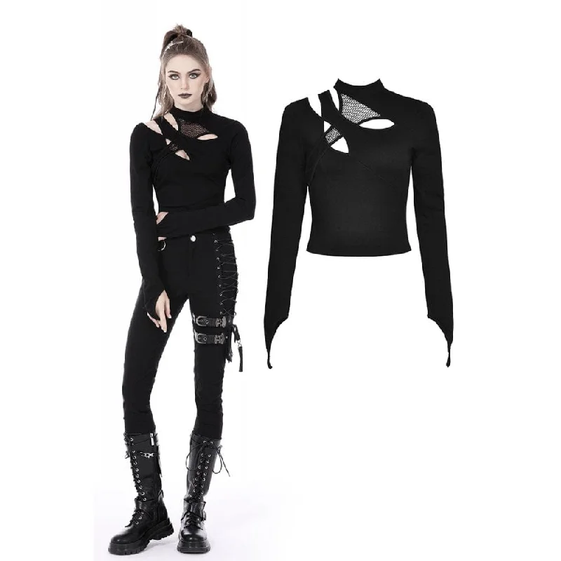 Women's Punk Cutout Mesh Splice Crop Top Striped Floral Plaid