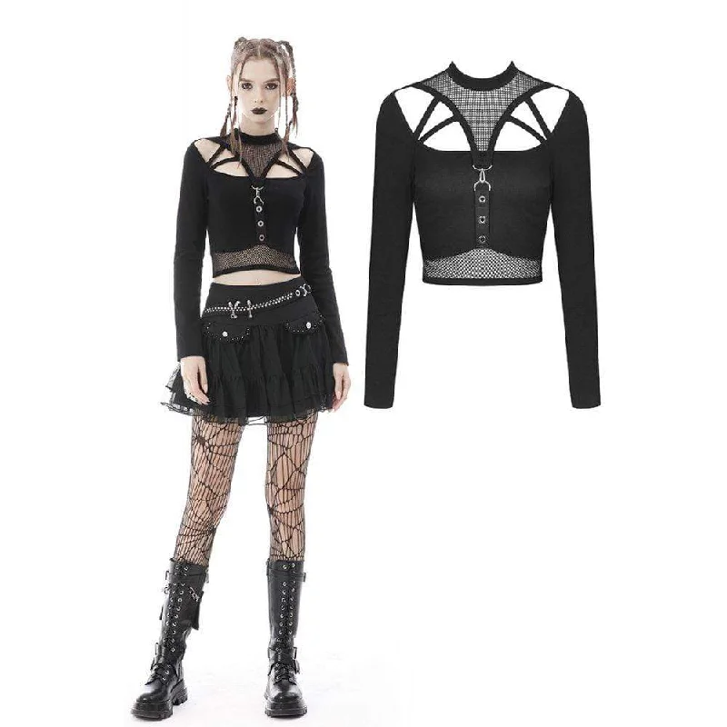 Women's Punk Cutout Mesh Splice Crop Top Zippered Front Buttoned Front Snap Front