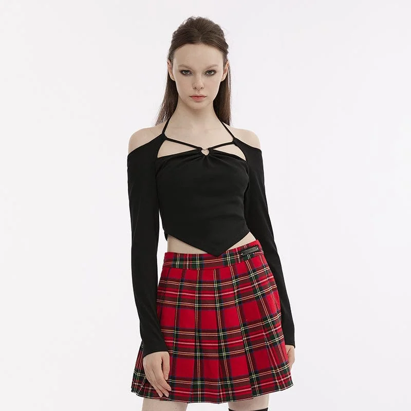 Women's Punk Cutout Off Shoulder Halterneck Crop Top Rayon Fabric Velvet Fabric Corduroy Fabric