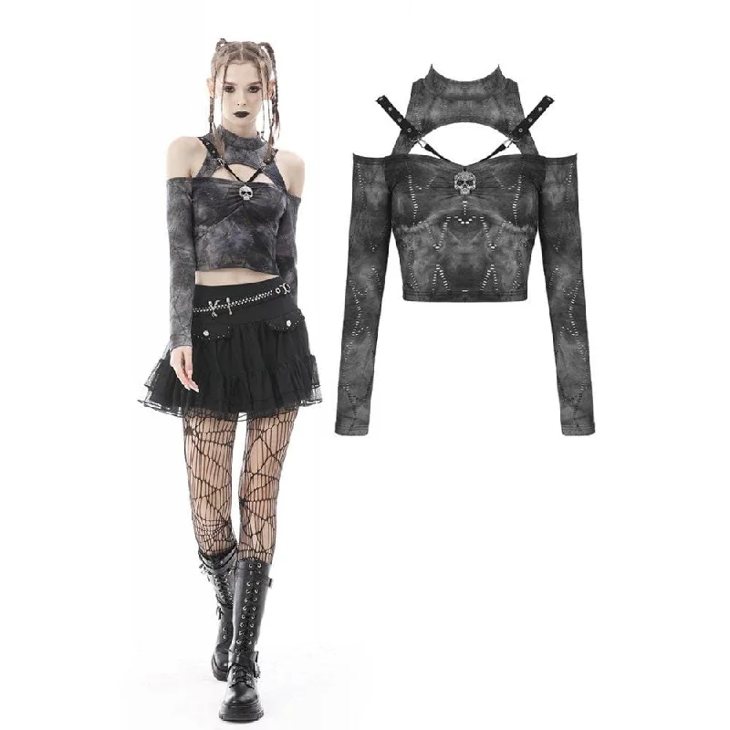 Women's Punk Cutout Off Shoulder Skull Crop Top Welt Pockets Slit Pockets Flap Pockets