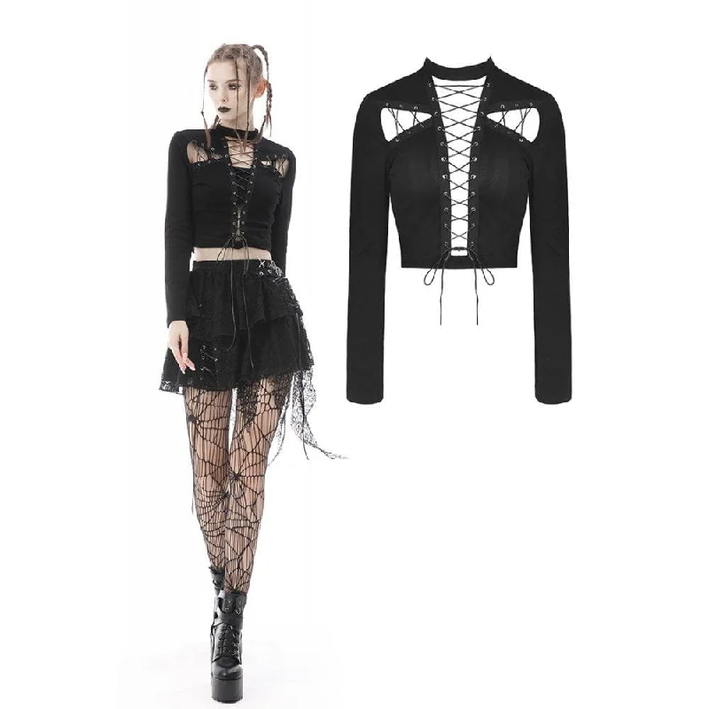 Women's Punk Cutout Strappy Crop Top Print Jacquard Patchwork