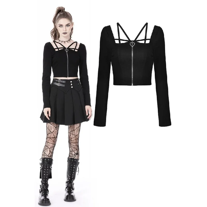 Women's Punk Heart Zipper Crop Top Collared Crew Neck Turtle Neck