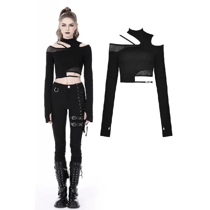 Women's Punk Irregular Cutout Mesh Splice Crop Top Houndstooth Herringbone Solid