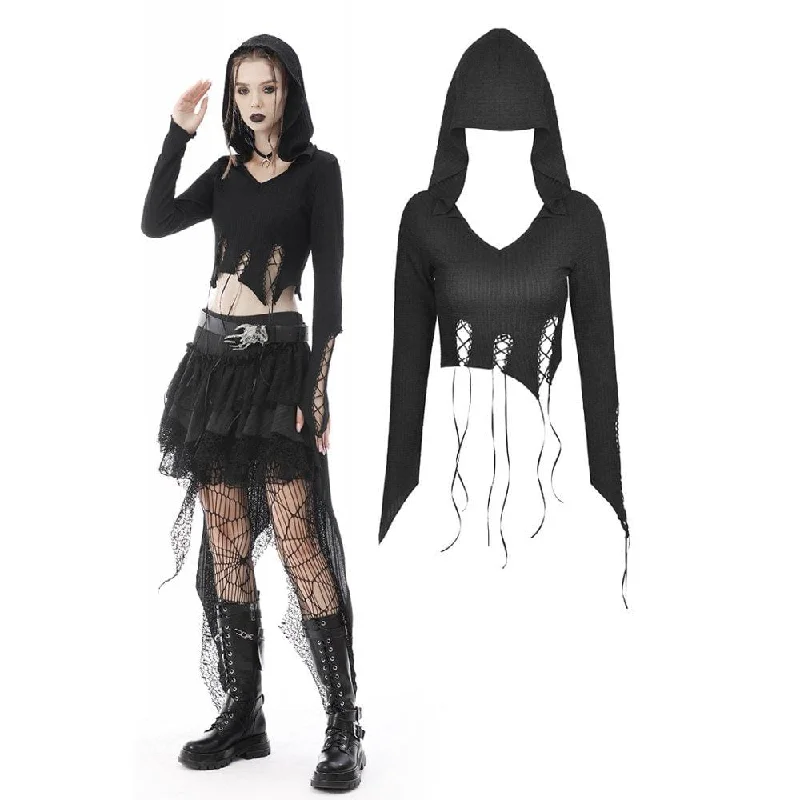 Women's Punk Irregular Strappy Crop Top with Hood Summer Crop Top Casual Short Sleeve