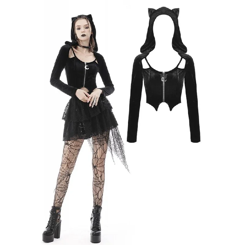 Women's Punk Irregular Zipper Crop Top with Cat's Ears Hood Hooded Caped Shawl Collar