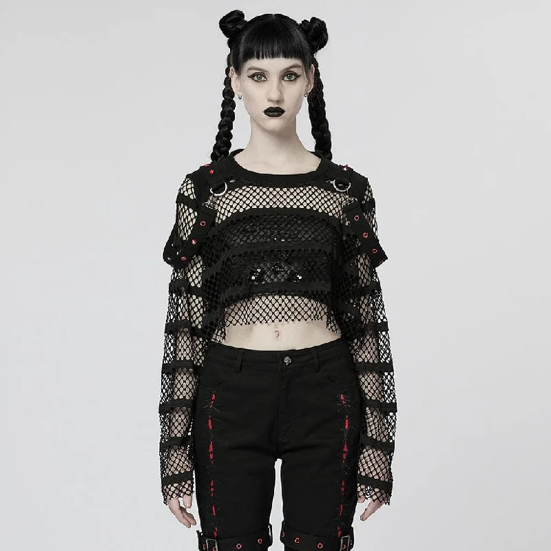 Women's Punk Mesh Crop Top with Straps Zippered Front Buttoned Front Snap Front