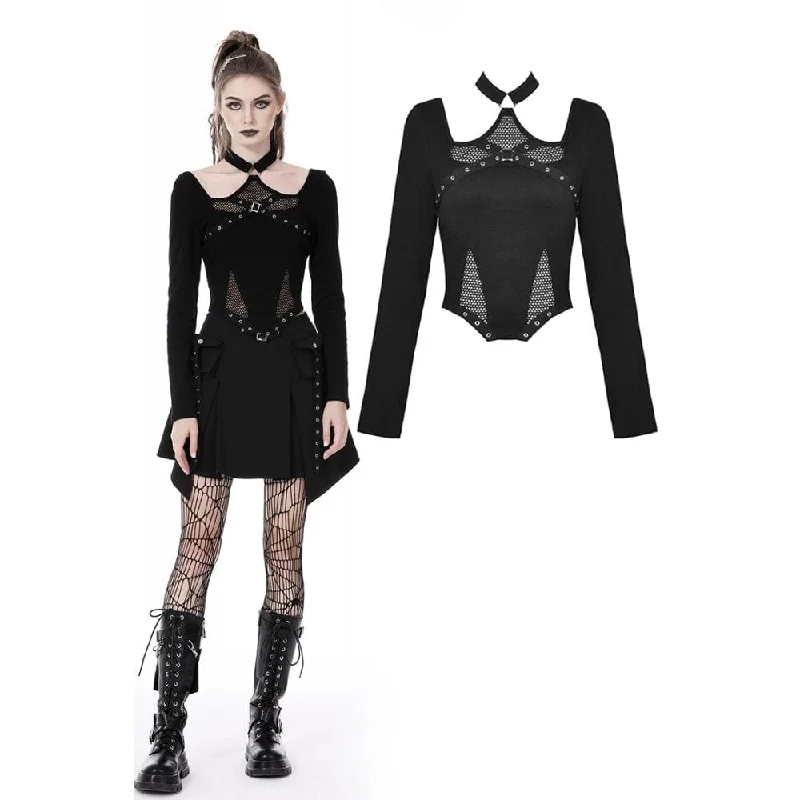 Women's Punk Mesh Splice Halterneck Crop Top Lace Blend Ribbed Blend Corduroy Blend
