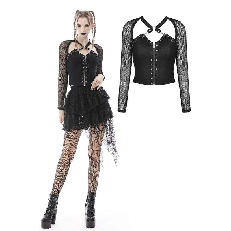 Women's Punk Mesh Splice Metal Zipper Crop Top Notch Collar Peter Pan Collar Cowl Neck