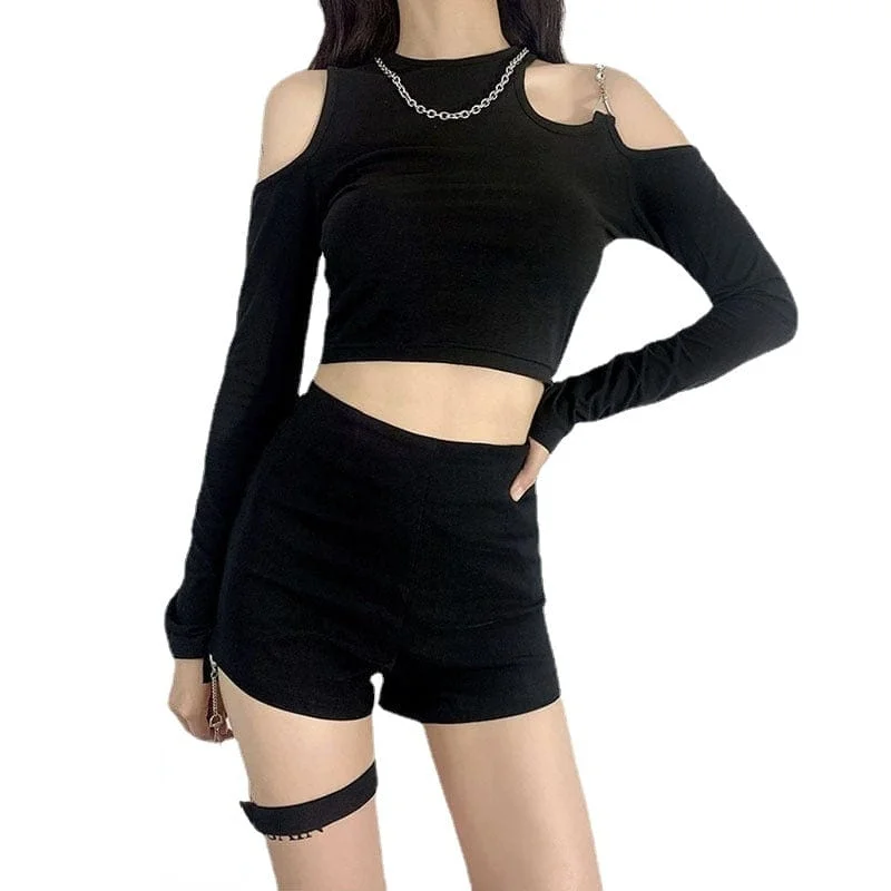 Women's Punk Off Shoulder Chain Crop Top Mesh Blend Leather Blend Suede Blend