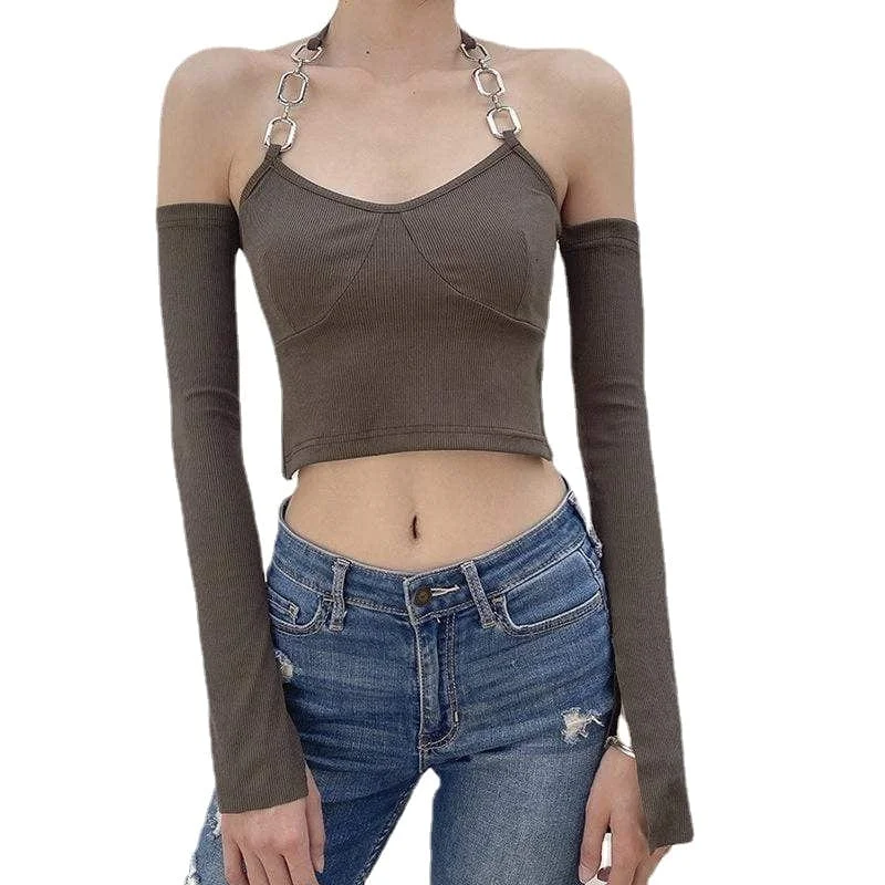 Women's Punk Off Shoulder Chain Crop Top Solid Color Striped Floral