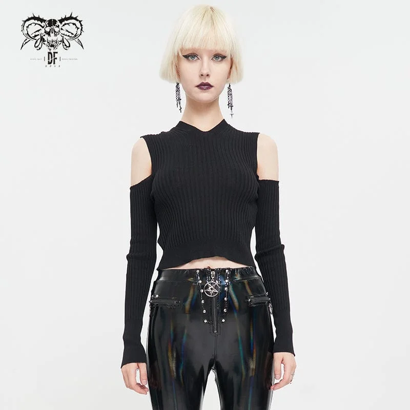 Women's Punk Off Shoulder Cutout Knitted Long Sleeved Crop Top Nylon Fabric Polyester Fabric Spandex Fabric