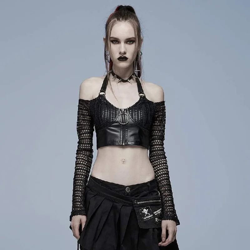 Women's Punk Off Shoulder Splice Mesh Crop Top Ribbed Crop Top High Neck Heavyweight