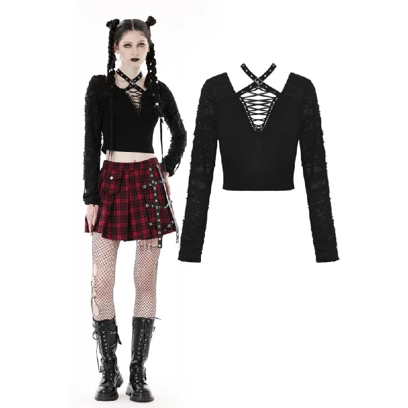 Women's Punk Plunging Eyelet Ripped Crop Top