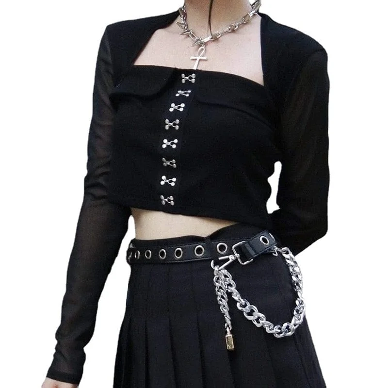Women's Punk Square Collar Long Sleeved Mesh Crop Tops Layered Multi-layer Single Layer