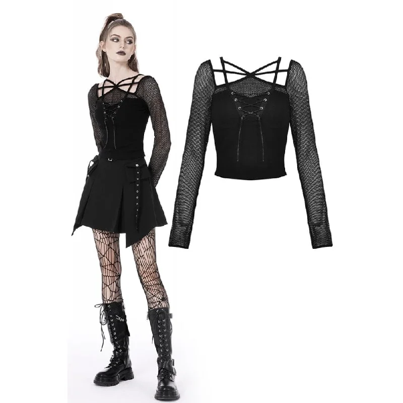 Women's Punk Strappy Mesh Splice Crop Top Mesh Blend Leather Blend Suede Blend