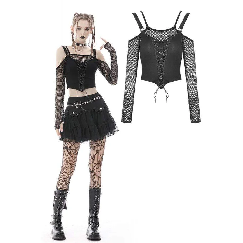 Women's Punk Strappy Off SHoulder Mesh Crop Top Front Pockets Side Pockets Patch Pockets