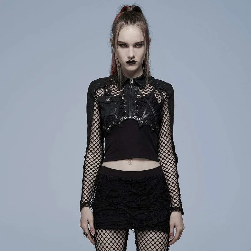 Women's Punk Turn-down Collar Mesh Splice Long Sleeved Crop Top Anti-Pilling Machine Wash Handmade