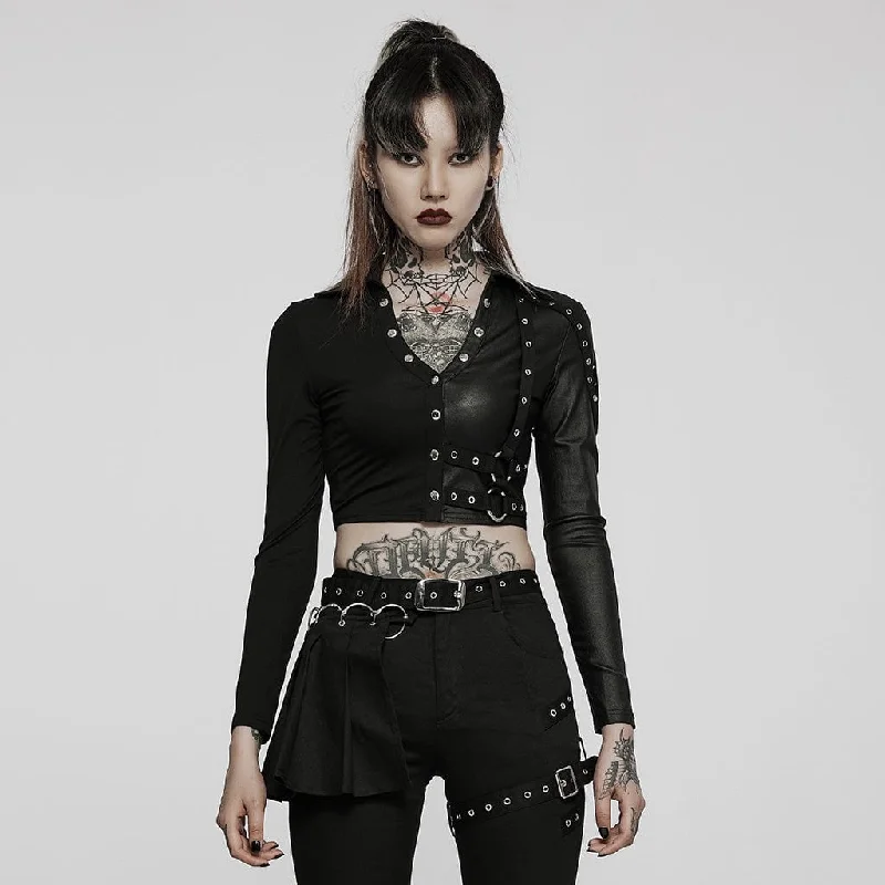 Women's Punk V-neck Splice Rivets Long Sleeved Crop Top Cashmere Blend Cotton Blend Poly Blend
