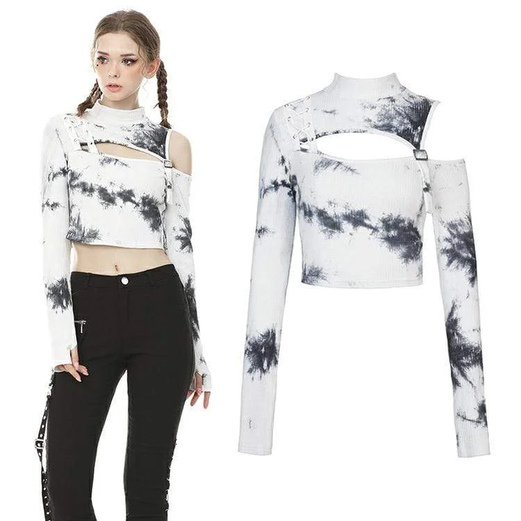 Women's Tie-dyed Cutout Long Sleeved Crop Tops Hooded Caped Shawl Collar