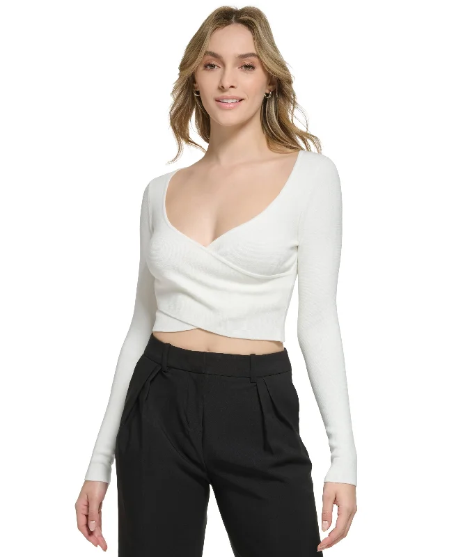 Women's X-Fit Long Sleeve Faux Wrap Crop Top Hooded Caped Shawl Collar