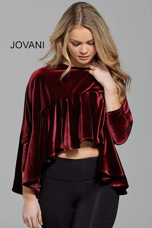 Jovani M54990 Long Sleeve Velvet Crop Top Terry Blend Velvet Blend Canvas Blend