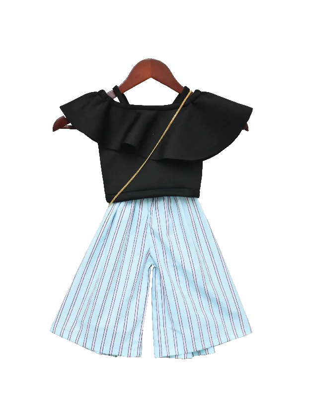 Girls Black Crop Top With Stripe Plazo Set Lace Blend Ribbed Blend Corduroy Blend