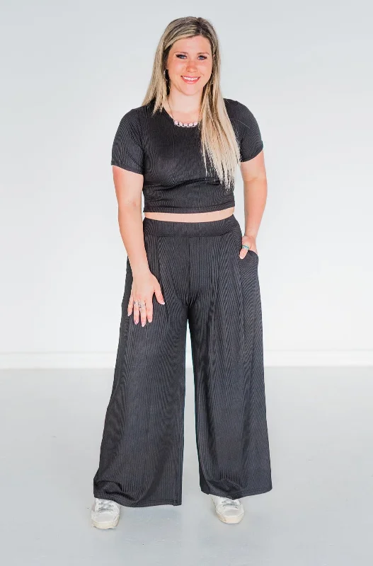 2 pc Ribbed Loungewear Pants & Crop Top Set Modern Contemporary Chic