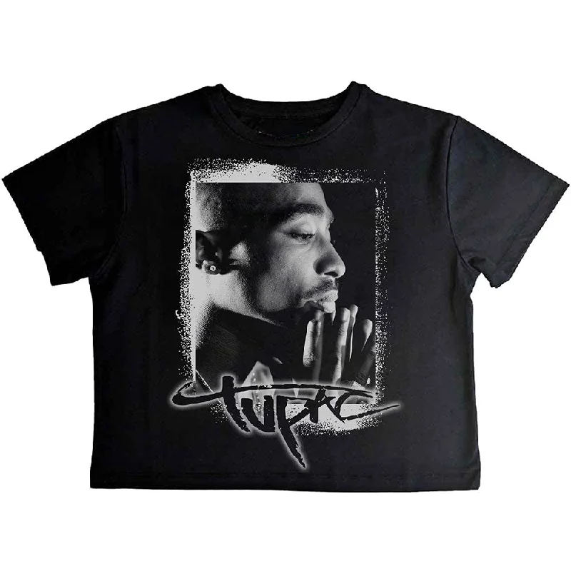 Tupac | Official Ladies Band Crop Top | Spray Photo Summer Crop Top Casual Short Sleeve Tupac | Official Ladies Band Crop Top | Spray Photo Summer Crop Top Casual Short Sleeve