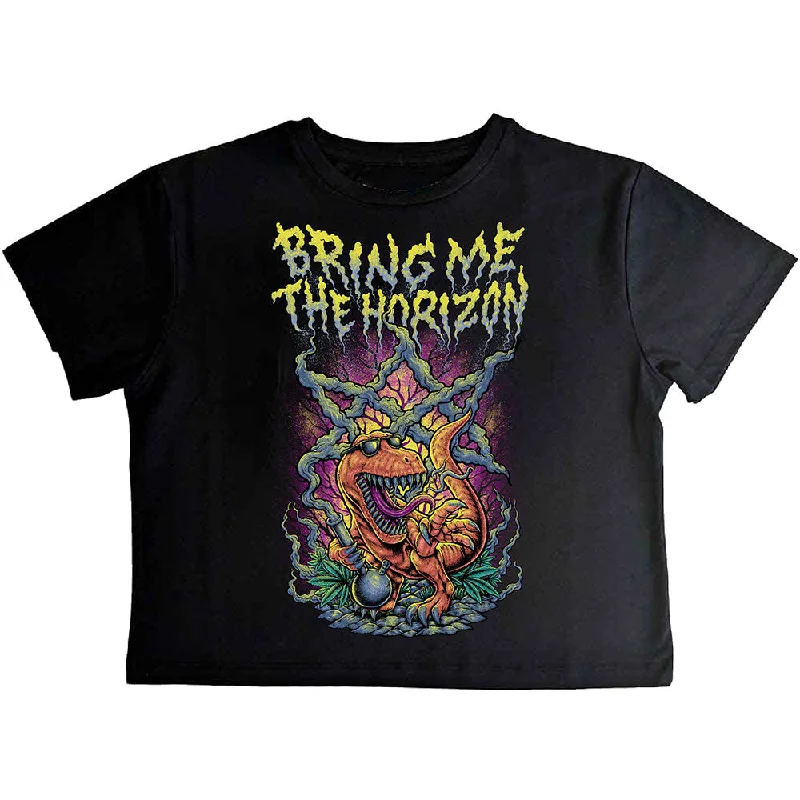 Bring Me The Horizon | Official Ladies Band Crop Top | Smoking Dinosaur Print Jacquard Patchwork Bring Me The Horizon | Official Ladies Band Crop Top | Smoking Dinosaur Print Jacquard Patchwork