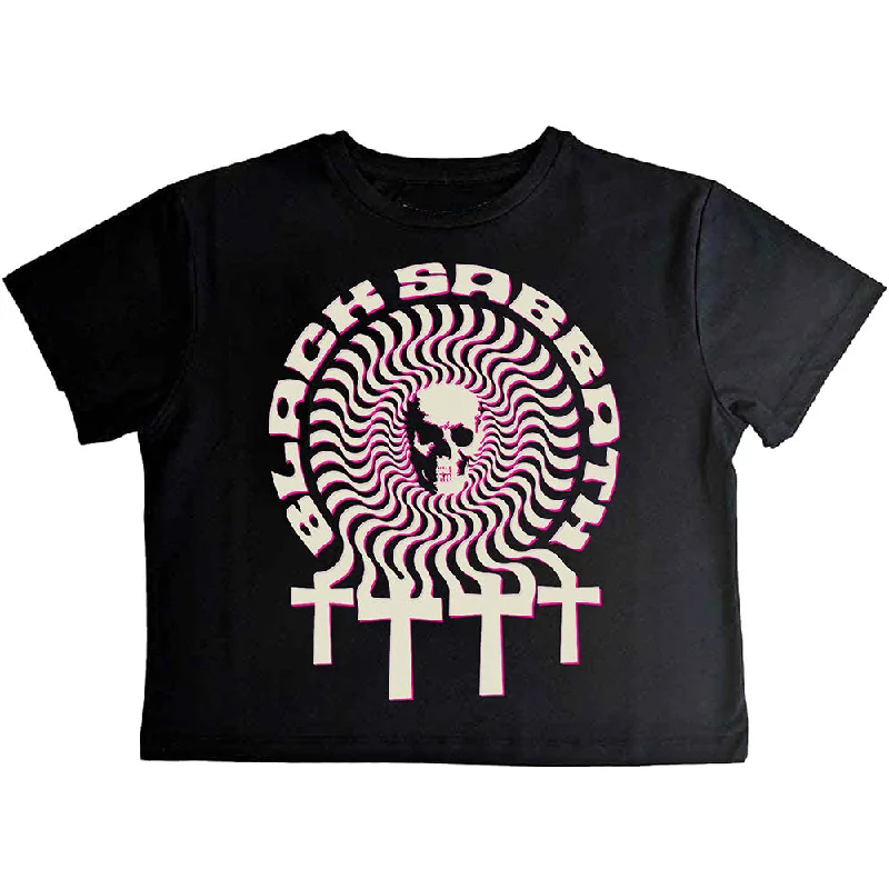 Black Sabbath | Official Ladies Band Crop Top | Hypnotic Skull Wool Fabric Cashmere Fabric Tweed Fabric Black Sabbath | Official Ladies Band Crop Top | Hypnotic Skull Wool Fabric Cashmere Fabric Tweed Fabric