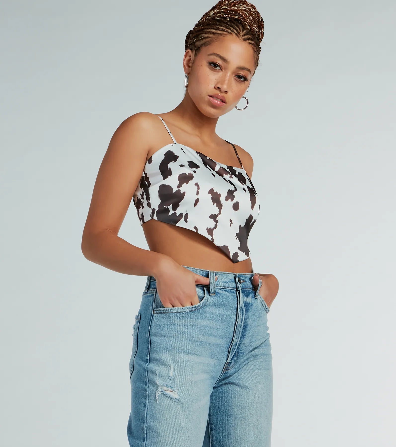Country Chick Cow Print Satin Crop Top Anti-Pilling Machine Wash Handmade