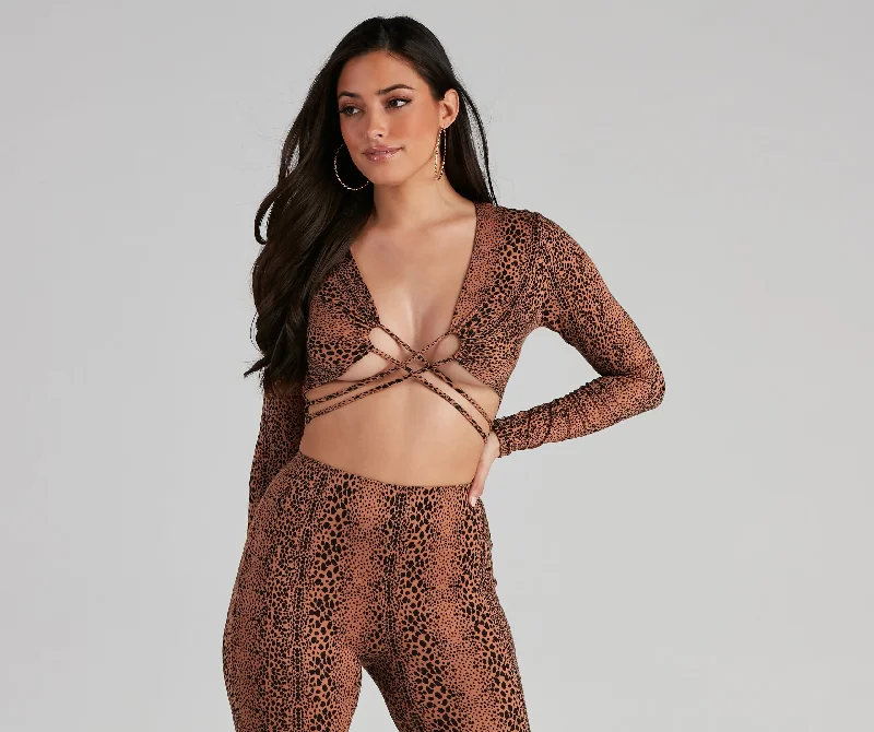 Leopard Spots Strappy Crop Top Asymmetrical Pockets Print