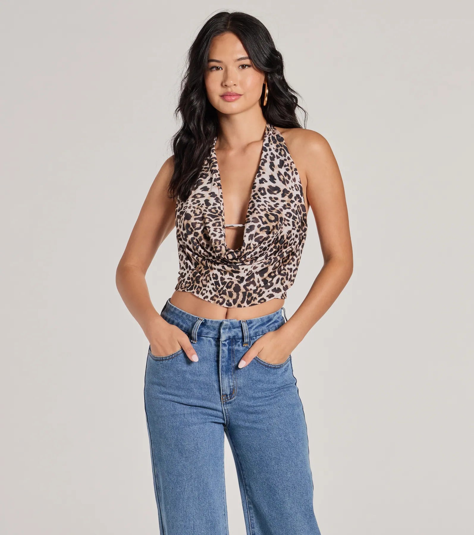 Prowlin Around Cowl Halter Leopard Crop Top Satin Blend Silk Blend Wool Blend